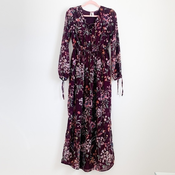 Japna Deep Burgundy Floral Boho Maxi Dress Small - Picture 1 of 12